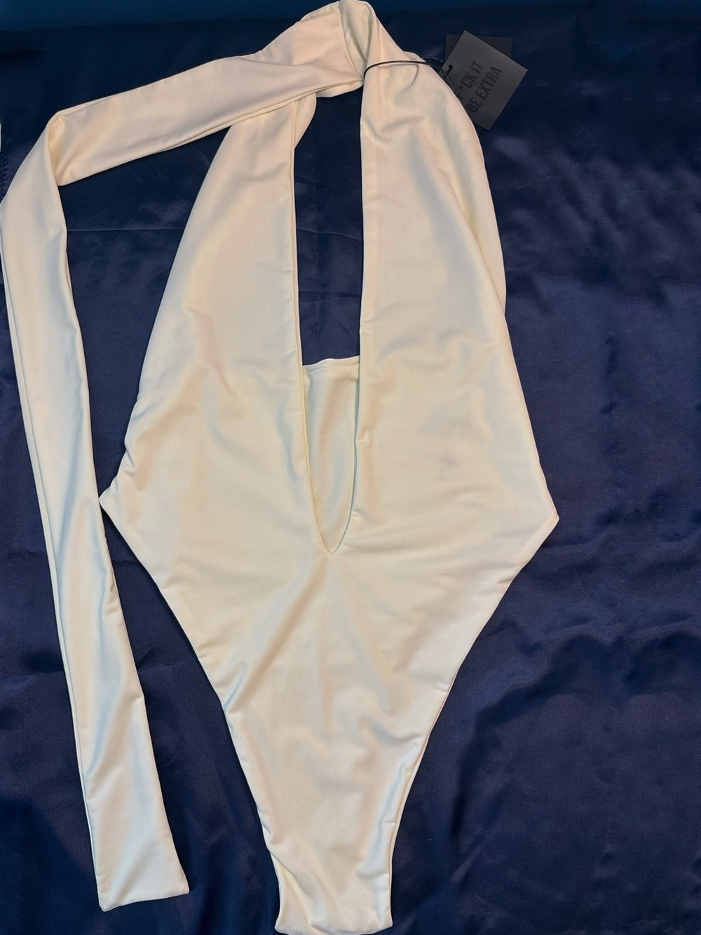 Lips + Honey "Nia" Champagne Plunge One-Piece with Scarf Tie — NWT - Size Medium